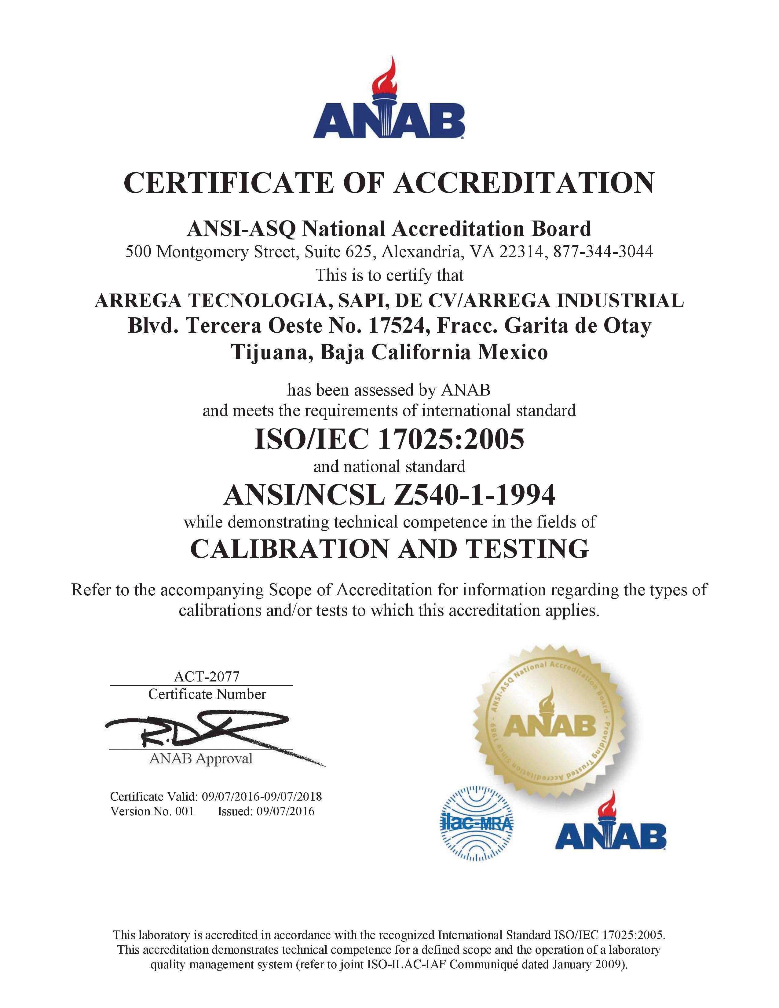 Certificado de Acreditación como Laboratorio de Calibración